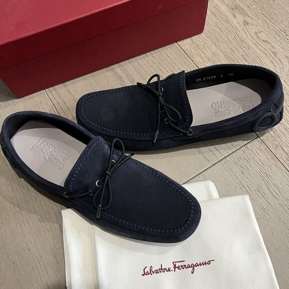 Salvatore Ferragamo Atlante Navy Suede Men Drivers Loafers 10 E NEW - Picture 1 of 12